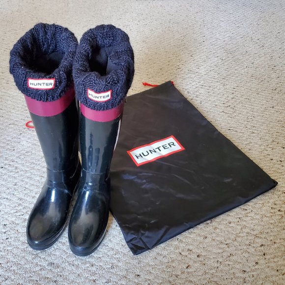 Hunter Shoes - Hunter Black Purple Block Rain Boots and Socks